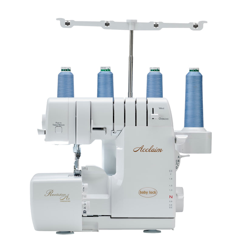 Baby Lock Acclaim Serger, Push button looper and needle threading, 4, 3 or 2 thread rolled hemming options, RevolutionAir™ auto threading, auto tension